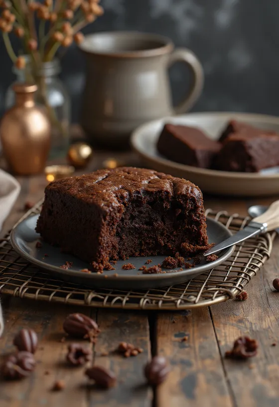 Huisgemaakte chocoladetaart geserveerd