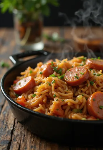 Pittige jambalaya met kip en worst, eenpansgerecht met rijst