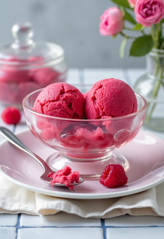 Huisgemaakte frambozensorbet, verfrissend dessert