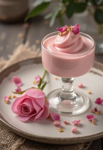Panna cotta met rozenblaadjes in een glas