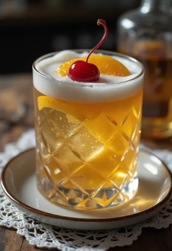 Whisky Sour cocktail gegarneerd met sinaasappelschijfje en cocktailkers