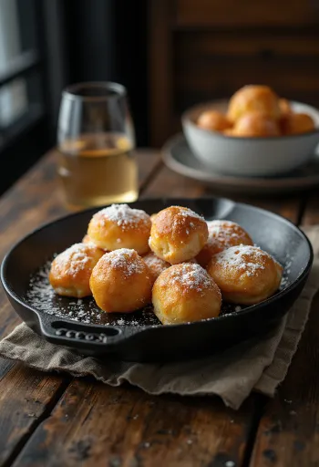 Æbleskiver Deense bolvormige donuts bestrooid met poedersuiker