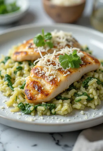 Kipfilet met spinazierisotto geserveerd
