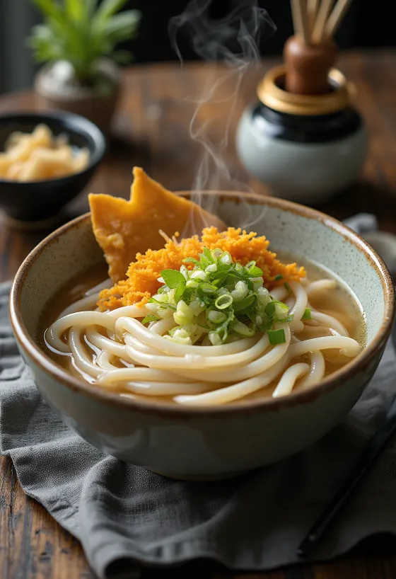 Klassieke udon vers geserveerd, met rijke bouillon, groenten en zacht ei