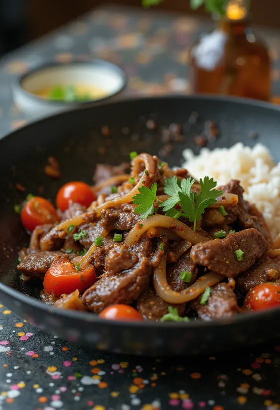 Lomo saltado met glutenvrije sojasaus geserveerd, met verse groenten en rundvlees