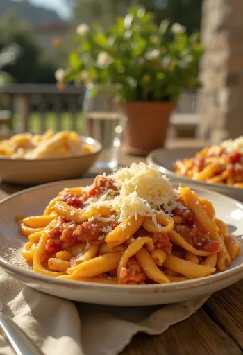 Pasta met aubergine geserveerd met sappige tomatensaus en verse basilicum