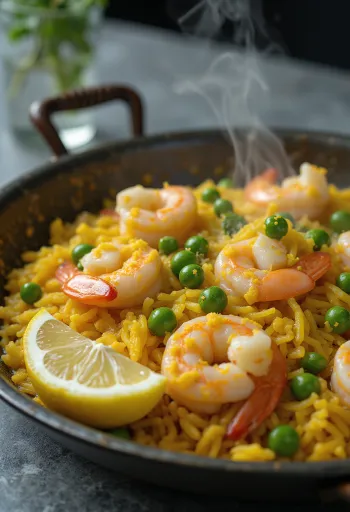 Spaanse paella met verse zeevruchten, groenten en saffraan