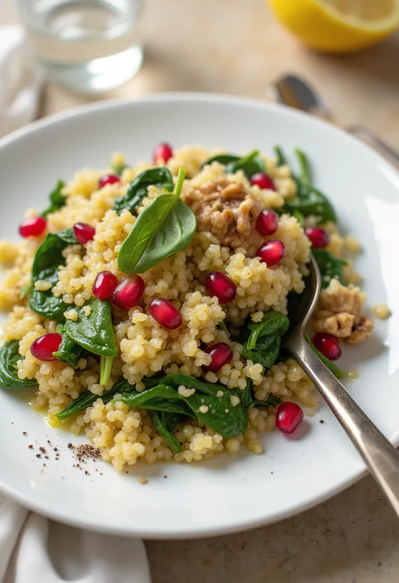 Quinoa-salade met spinazie en granaatappel