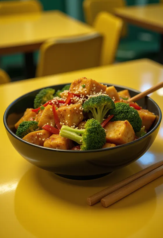 Groente-tofu wok met verse koriander geserveerd