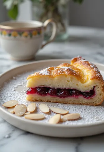 Bakewell tart met kersenjam, amandeldeeg, goudbruin gebakken taart