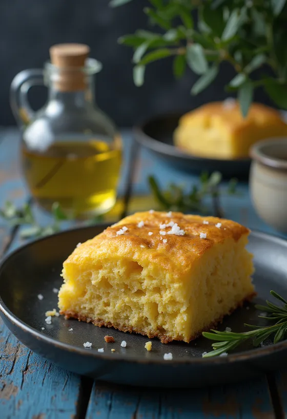 Plakken cornbread met olijfolie, rustiek geserveerd