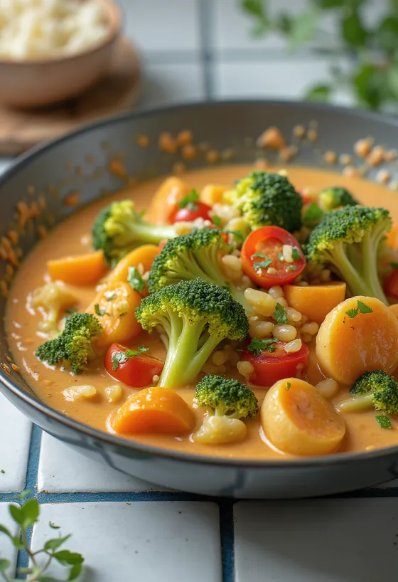 Groentewok met kokosmelk geserveerd