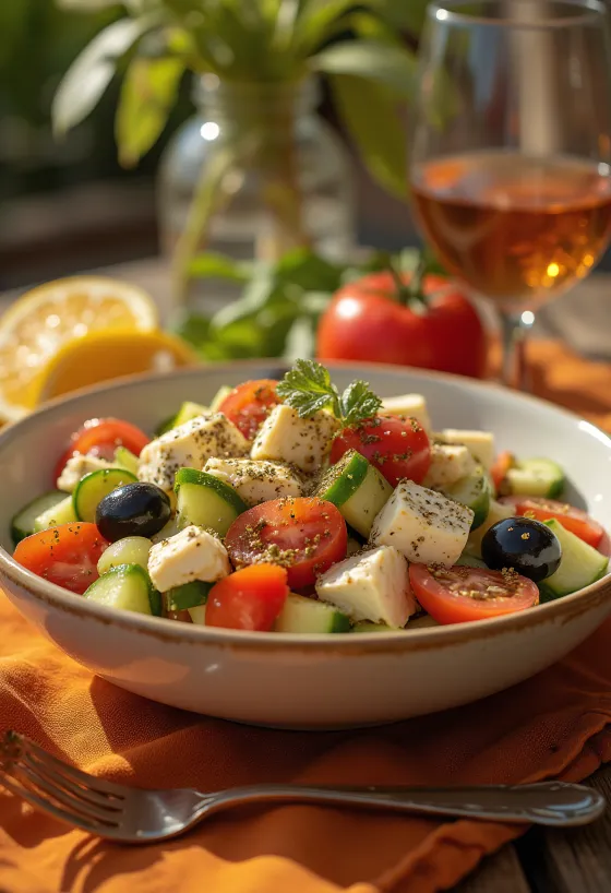 Griekse salade met gebakken tofoeblokjes