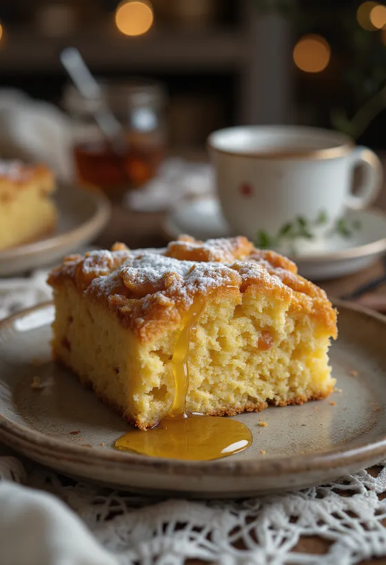 Gembercake met een goudbruine, brosse textuur, bestrooid met poedersuiker