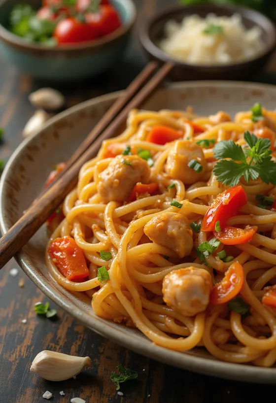 Lagman met kip, noedels met kip en groenten