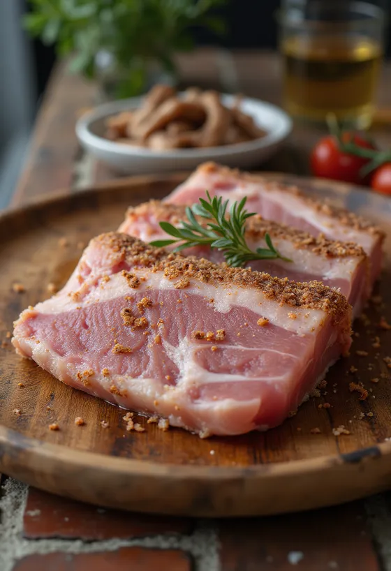 Gezouten buikspek geserveerd op een houten plank