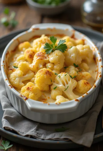 Romig bloemkoolgerecht met roomsaus geserveerd met verse kruiden.