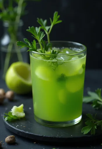 Bleekselderijsap in een hoog glas, versierd met verse bleekselderijstengels en fruit