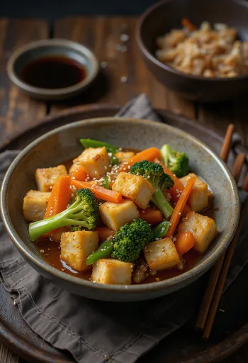 Groentewok met tofu geserveerd