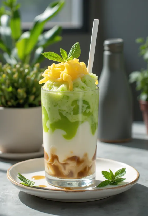Cendol met jackfruit, een verfrissend tropisch dessert met groene cendol-sliertjes en stukjes jackfruit, kokosmelk