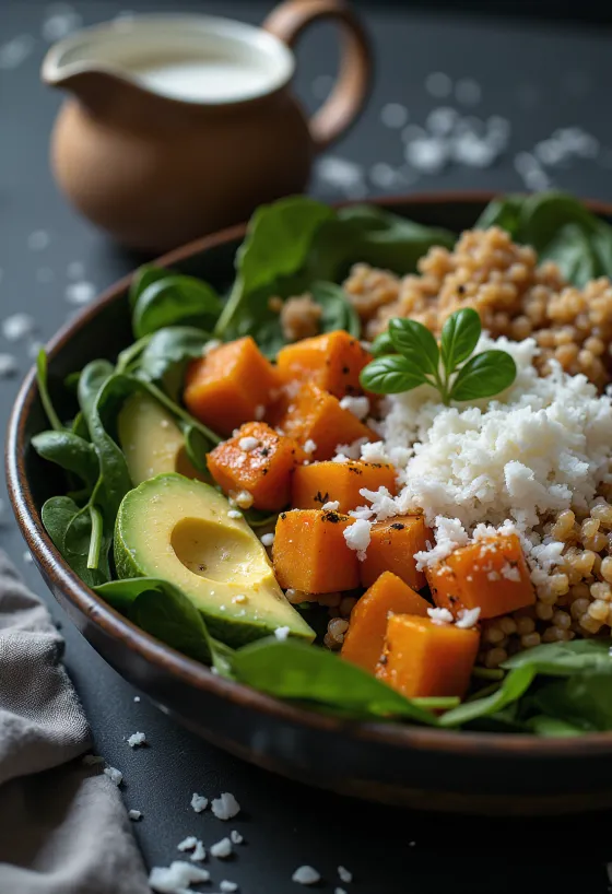 Zoete aardappel Buddha bowl met kokos geserveerd