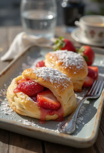 Vers gebakken, knapperige aardbeienstrudel bestrooid met poedersuiker.