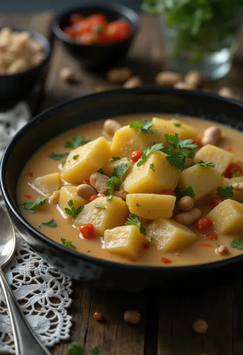 Gamjatang met pinda's, rijke en kruidige aardappelsoep geserveerd met kokosmelk en pinda's