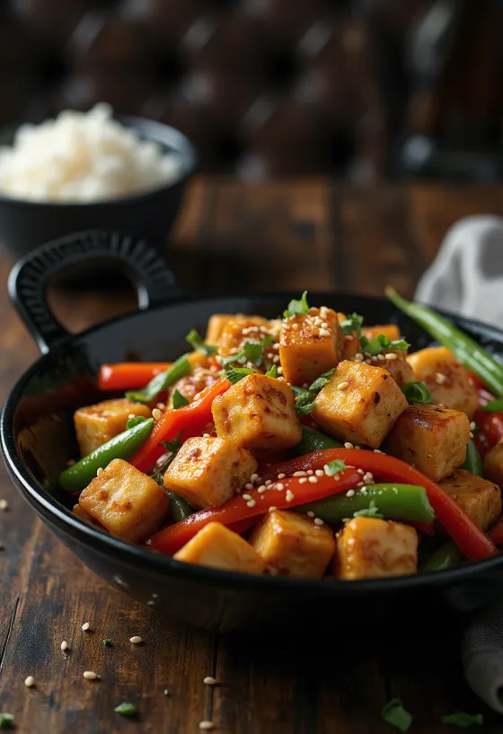 Vegan Frango Xadrez geserveerd met tofu en verse groenten