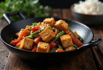Vegan Frango Xadrez geserveerd met tofu en verse groenten