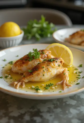 Kikkerbillen in knoflookboter geserveerd met verse peterselie en citroen.
