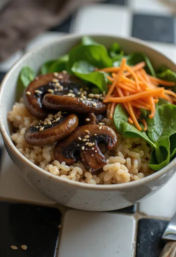 Vegan Buddha bowl met paddenstoelen geserveerd