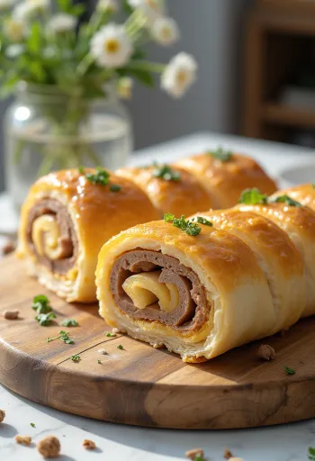Goudbruin gebakken bladerdeegrol met gehakt, geserveerd met verse groenten en saus
