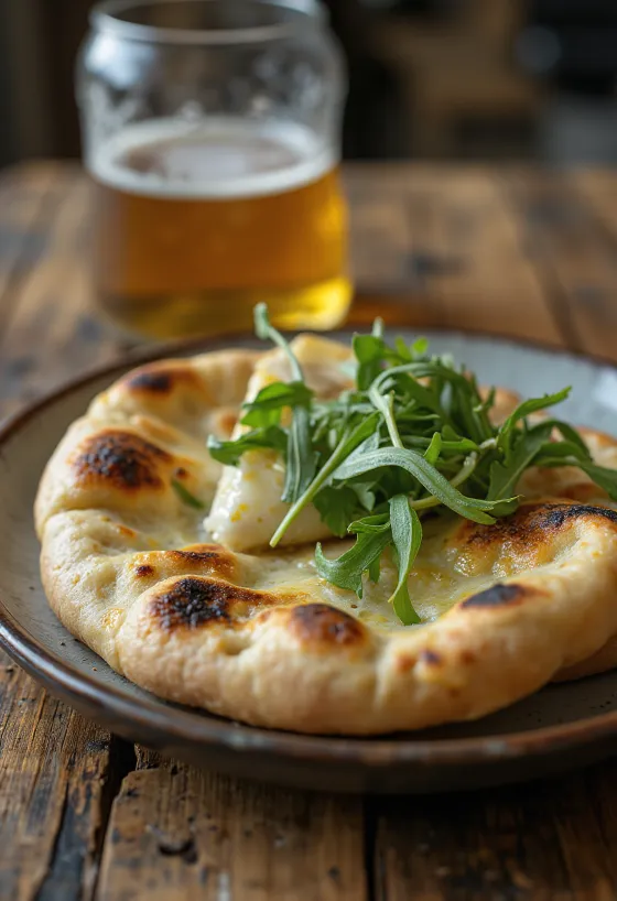 Naan met geitenkaas en rucola