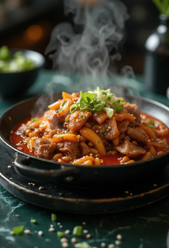 Kongnamul-bulgogi geserveerd met varkensvlees en sojascheuten