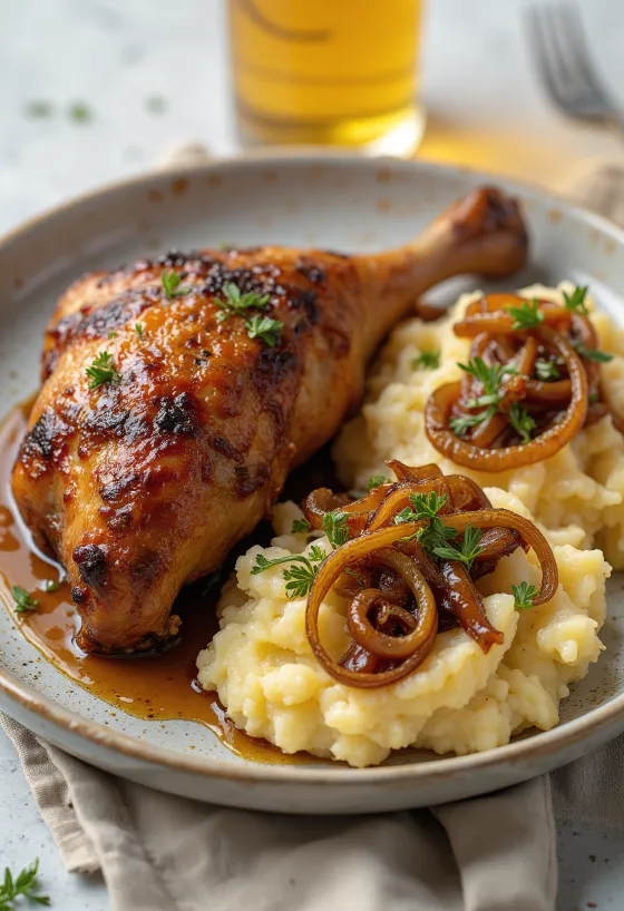 Geroosterde eend met uienpuree geserveerd