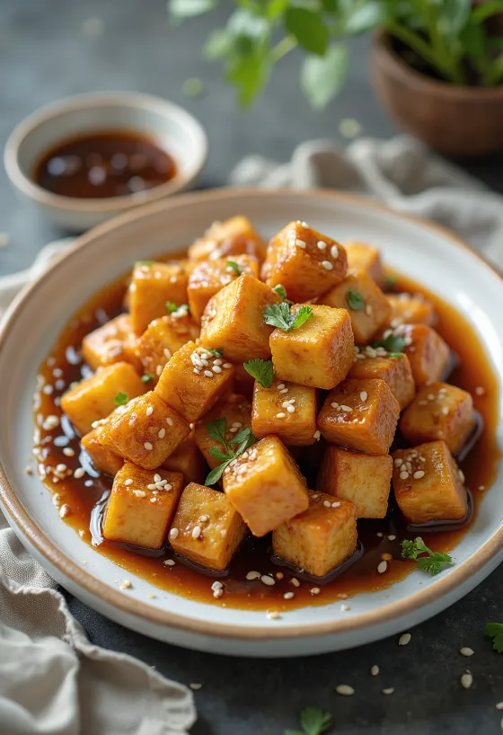 Gebakken tofu met knoflooksaus