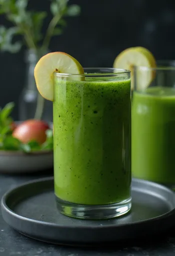 Groene smoothie in een hoog glas, versierd met verse groenten en fruit