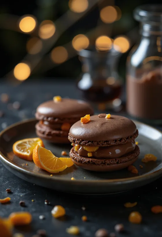 Geserveerde macarons met chocolade, marsepein en gekonfijte sinaasappel