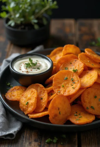 Zoete aardappelchips met pittige dip geserveerd
