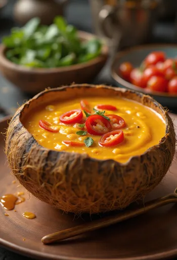 Pittige kokos-chilisaus in een kom, met verse koriander en chilischijfjes.