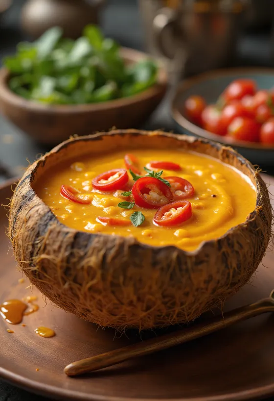 Pittige kokos-chilisaus in een kom, met verse koriander en chilischijfjes.