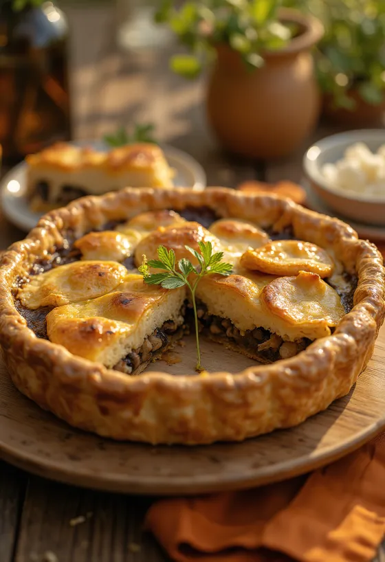 Romige vegan paddenstoelenpastei in punten gesneden