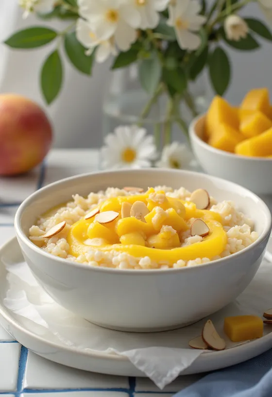 Mango kheer dessert versierd met amandelen en kardemom