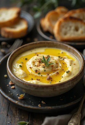 Zachte en romige auberginespread, geserveerd met verse kruiden en olijfolie