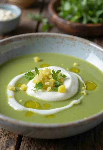 Preicrèmesoep geserveerd met yoghurt, gegarneerd met preiringen en verse peterselie