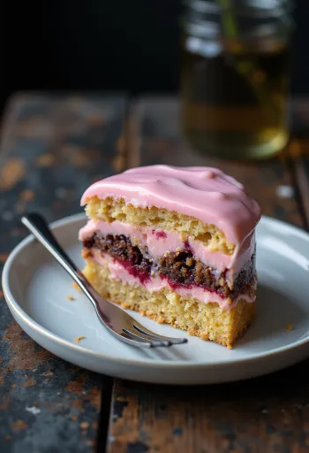 Kleurrijke punchtaart gelaagd met roze glazuur en zachte biscuit
