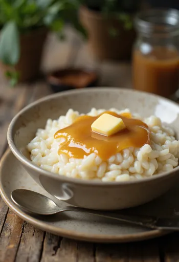 Risengrød met karamelsaus, geserveerd met kaneel, romige textuur