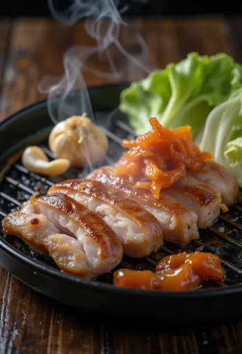 Samgyeopsal geserveerd met slablaadjes en kimchi