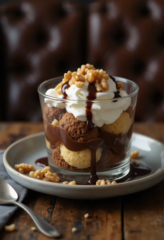 Somlói galuska gelaagd met zacht biscuitgebak, vanillecrème en chocoladesaus