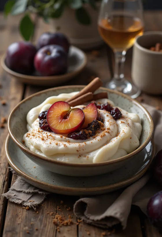 Pruimen-kaneelparfait geserveerd